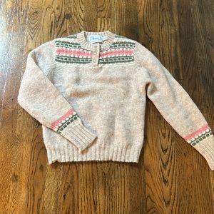 Deans of Scotland Vintage Fair Isle Sweater XS Small Cream Green Pink Wool